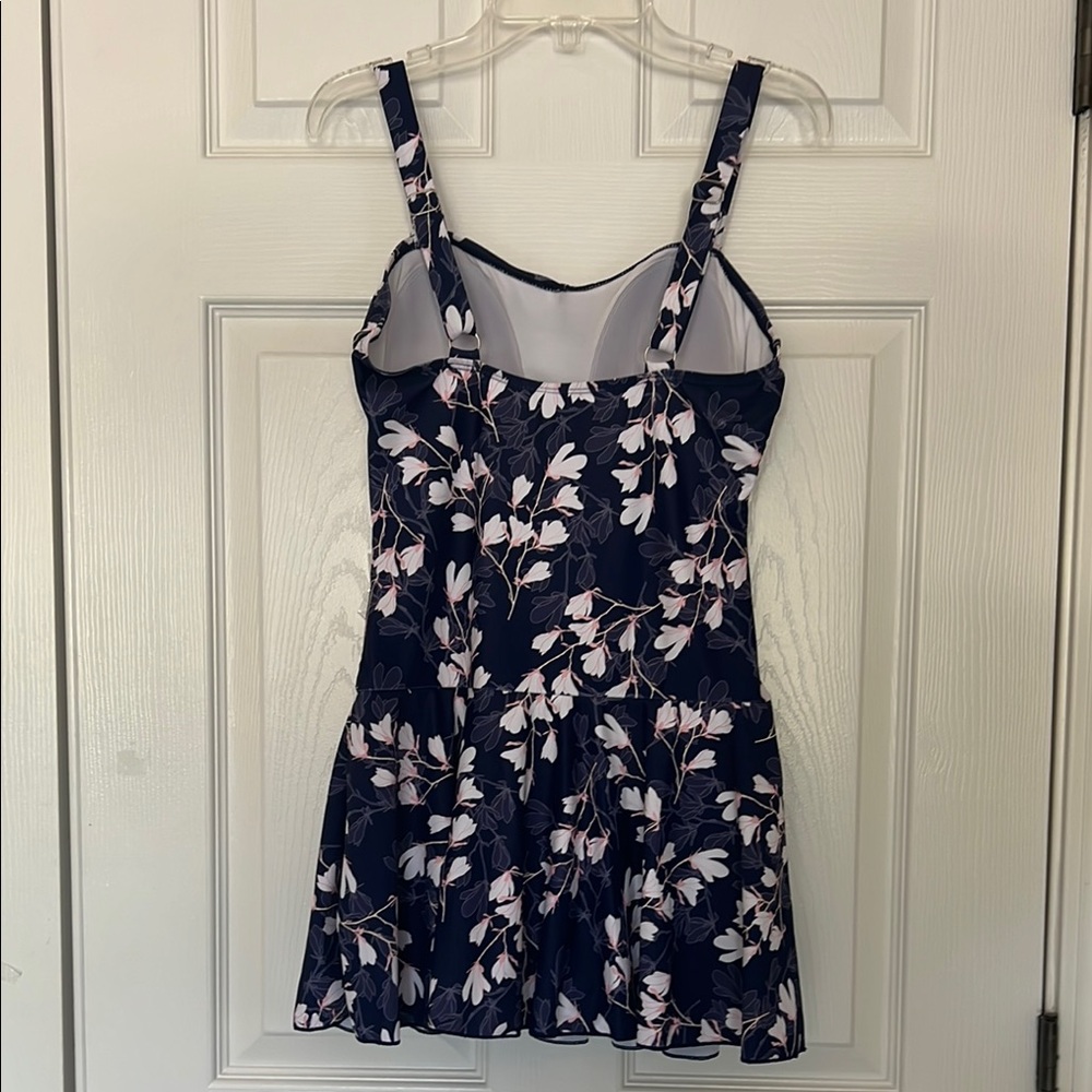 Blue and White Floral One-Piece Swimsuit with Ruffles - Picture 8 of 17